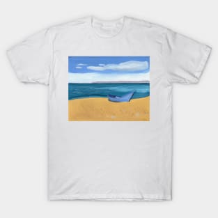 Blue Boat by the Ocean Gouache Painting T-Shirt